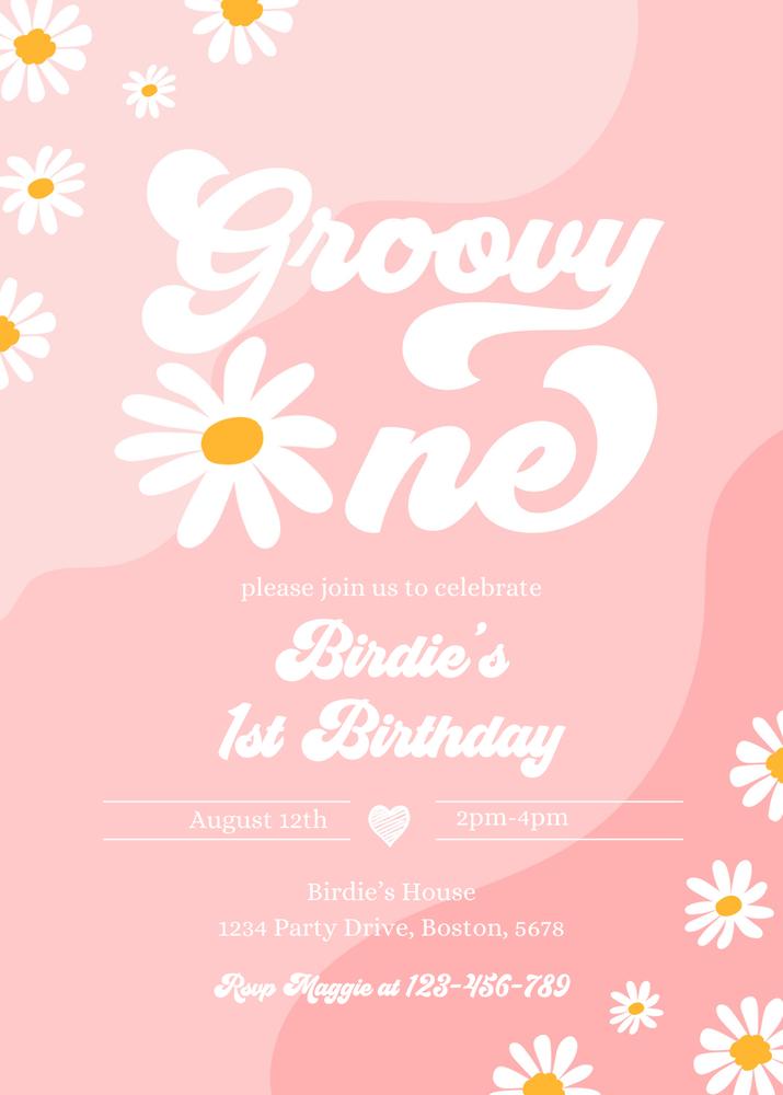 Editable Groovy One 1st Birthday Invitation - Boho Retro Daisy Canva Template