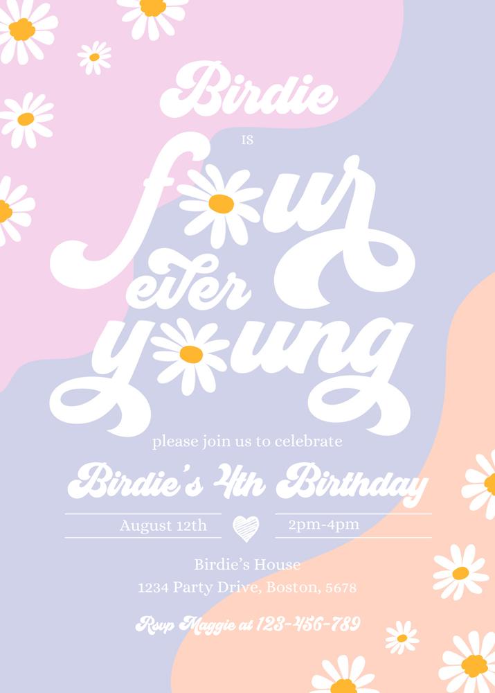 Four Ever Young 4th Birthday Invite | Boho Daisy Groovy Hippie Canva Template
