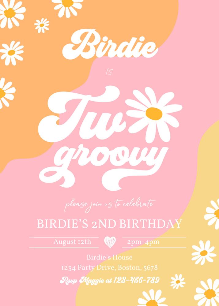 Two Groovy 2nd Birthday Invitation | Boho Retro Daisy Hippie Canva Template