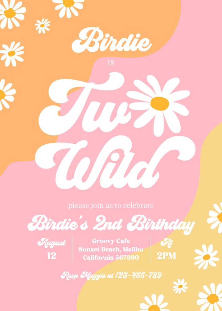 Boho Daisy Two Wild 2nd Birthday Invitation | Editable Groovy Hippie Canva Template