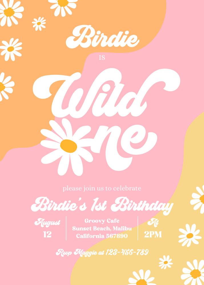 Wild One 1st Birthday Invitation | Boho Daisy Groovy 70s Editable Canva Template