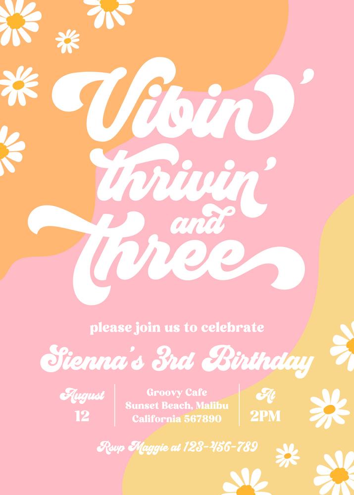 Boho Daisy 3rd Birthday Invitation | Groovy Hippie Editable Canva Template