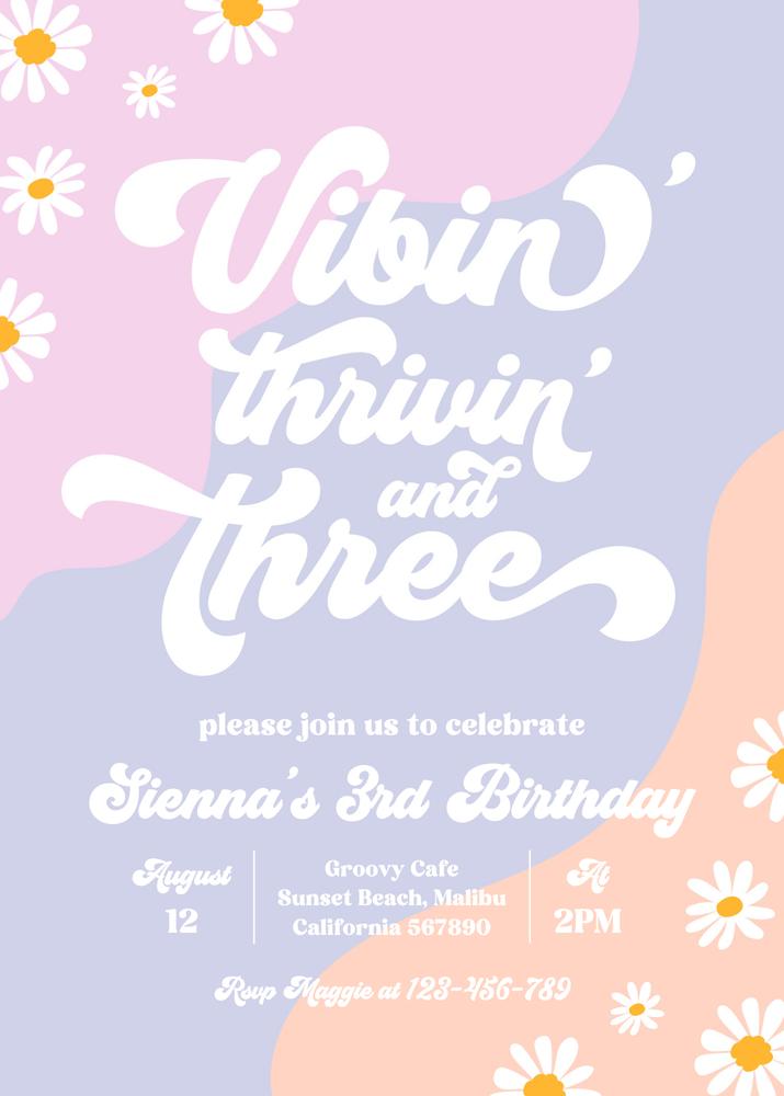 Boho Daisy 3rd Birthday Invitation | Groovy Hippie Editable Canva Template