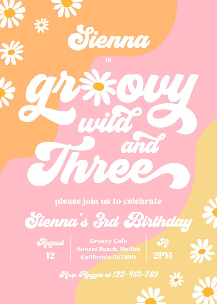 Wild and Three Birthday Invitation | Editable Boho Daisy Groovy 70s Canva Template