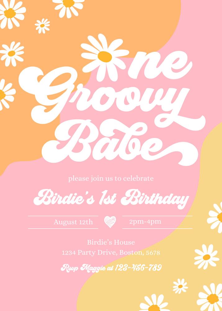 One Groovy Baby 1st Birthday Invitation | Retro Boho Daisy Canva Template