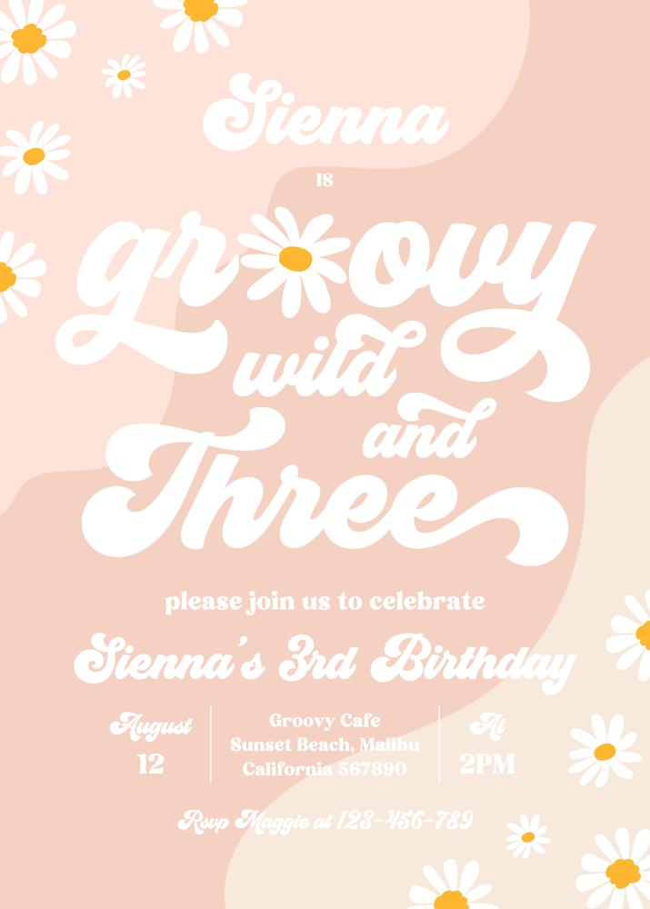 Editable Wild and Three 3rd Birthday Invitation, Boho Groovy Daisy Party Template