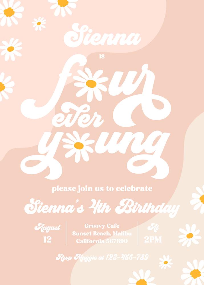 Four Ever Young 4th Birthday Invitation | Boho Daisy Groovy Hippie Canva Template