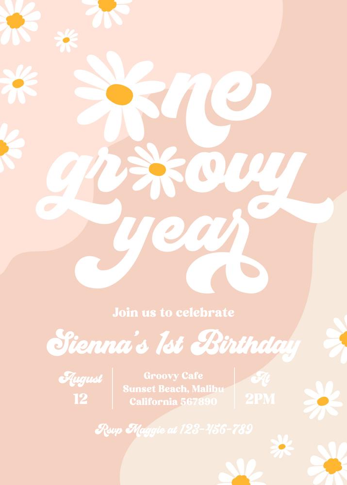 One Groovy Year 1st Birthday Invitation | Boho Retro Daisy Canva Template