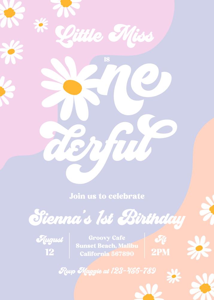 Little Miss Onederful 1st Birthday Invitation | Retro Groovy Daisy Canva Template