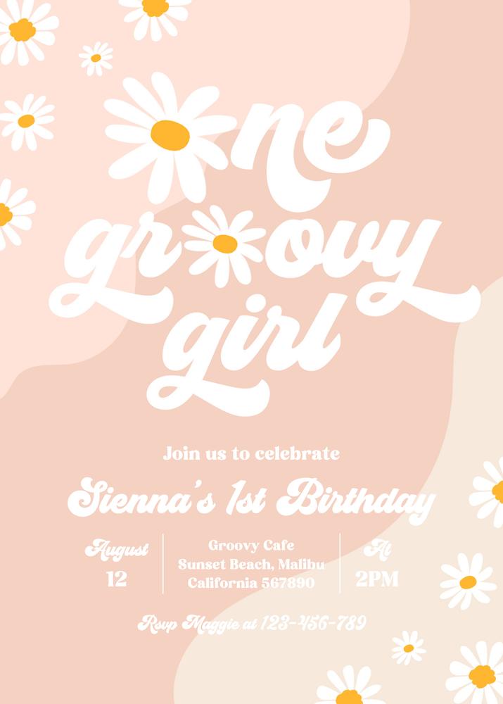 One Groovy Girl 1st Birthday Invitation | Boho Retro Daisy Canva Template