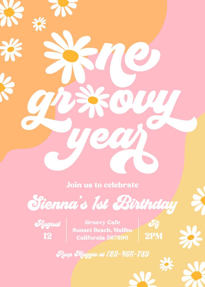 One Groovy Year 1st Birthday Invitation | Boho Retro Daisy Canva Template