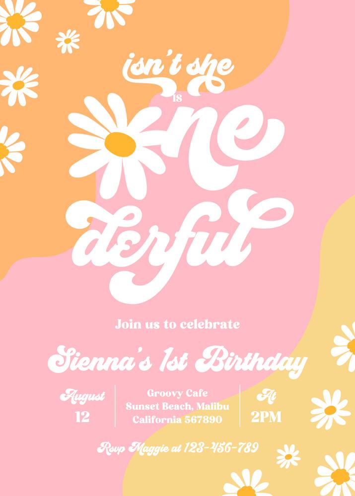 Isnt She Onederful Daisy 1st Birthday Invite | Groovy Retro Boho Canva Template