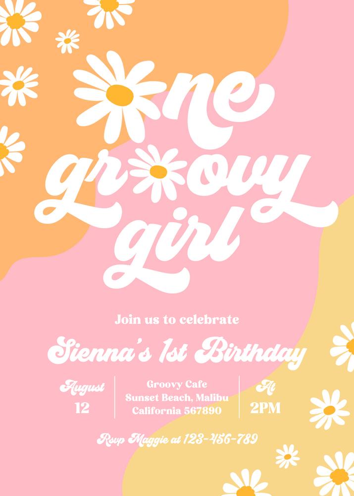 One Groovy Girl 1st Birthday Invitation | Boho Retro Daisy Canva Template
