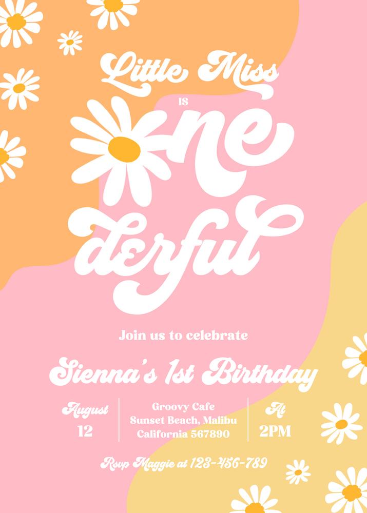 Little Miss Onederful 1st Birthday Invitation | Retro Daisy Boho Canva Template