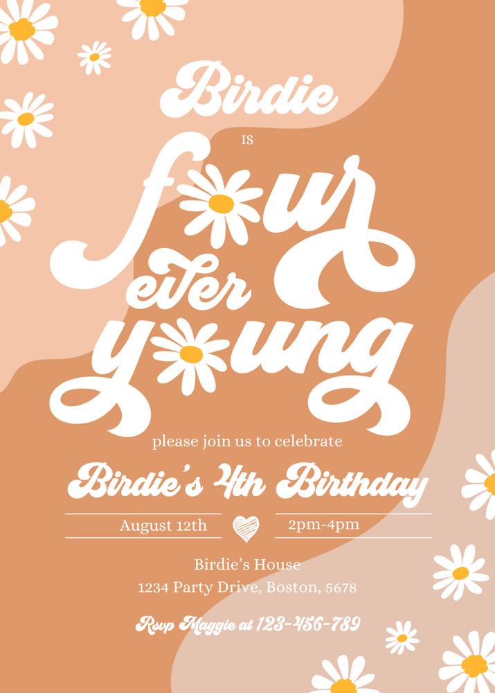 Editable Boho Daisy 4th Birthday Invitation - Groovy Four Ever Young Canva