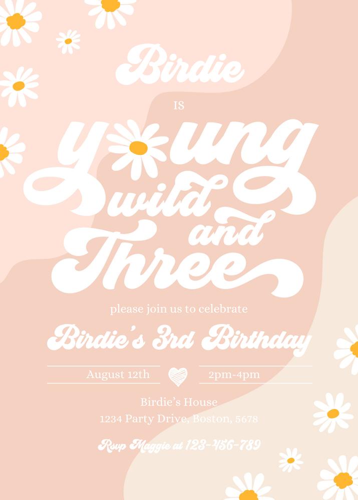 Young Wild and Three Birthday Invitation | Boho Daisy Groovy 3rd Birthday Canva