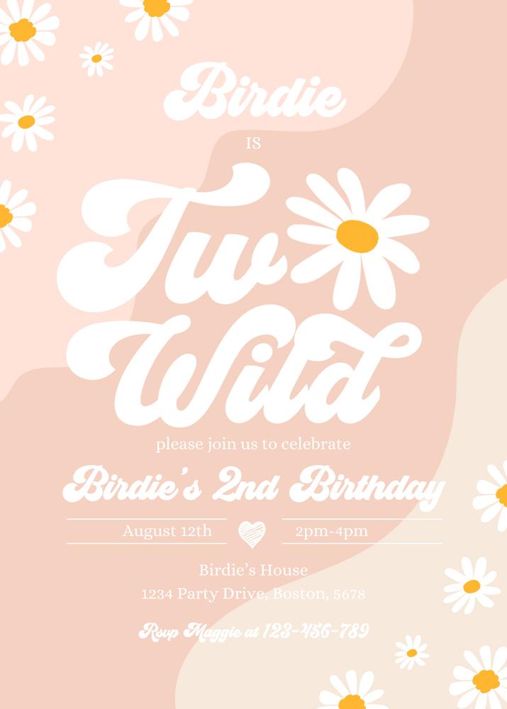 Two Wild 2nd Birthday Invitation Boho Daisy Groovy Hippie Canva Template
