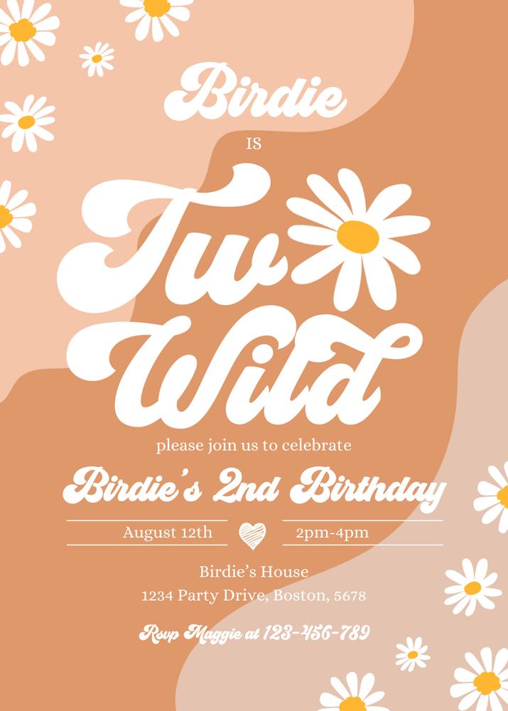Two Wild 2nd Birthday Invitation Boho Daisy Groovy Hippie Canva Template