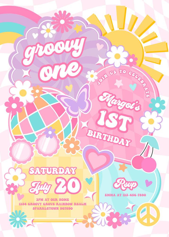 Groovy One 1st Birthday Invitation | Editable Canva Template Sunshine Retro