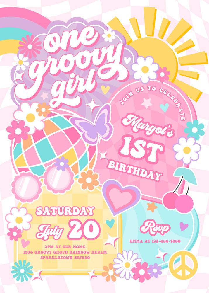 One Groovy Girl 1st Birthday Invitation | Retro Rainbow Canva Template