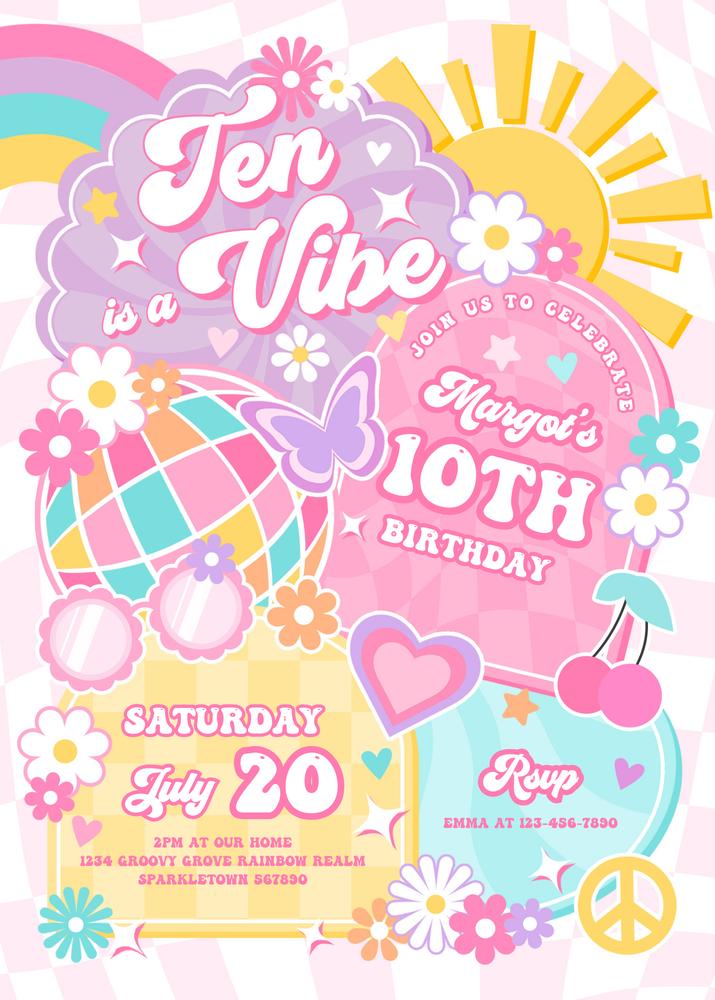 Ten Is A Vibe 10th Birthday Invitation | Groovy Rainbow Sunshine Canva Template