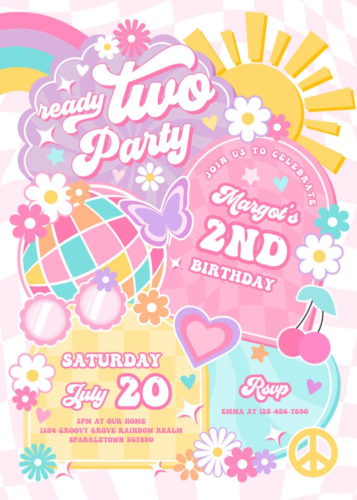 Groovy Rainbow 2nd Birthday Invitation | Editable Canva Hippie Two Party