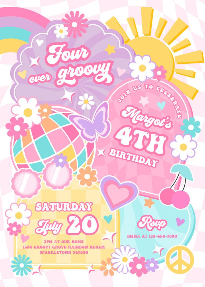 Editable Four Ever Groovy 4th Birthday Invitation | Retro Rainbow Canva Template