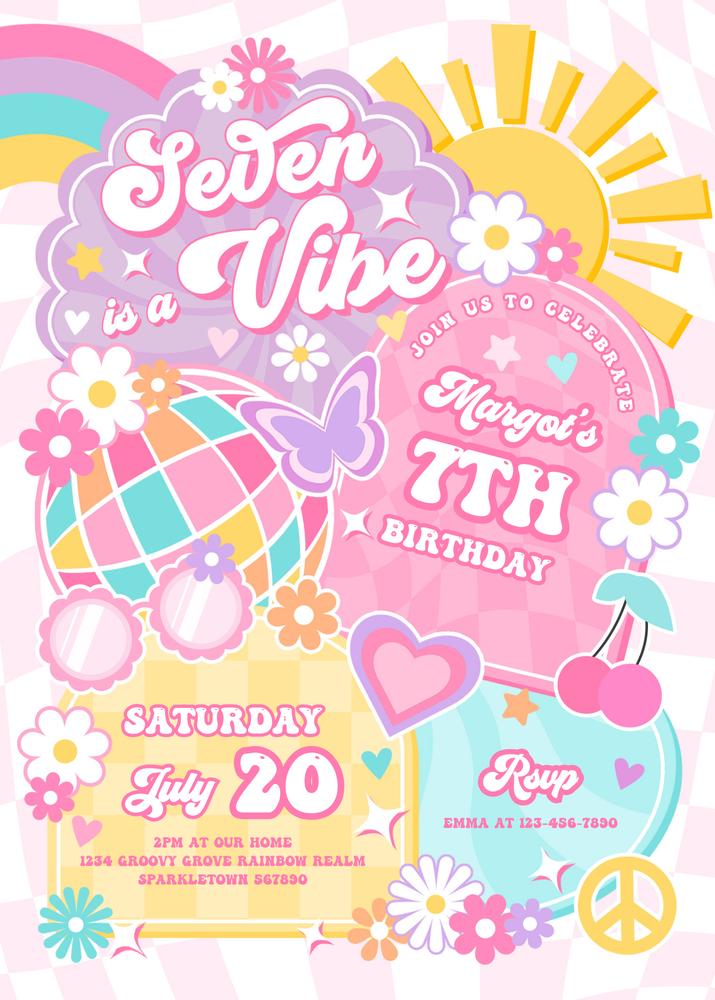 Seven Is A Vibe 7th Birthday Invitation | Groovy Rainbow Hippie Canva Template