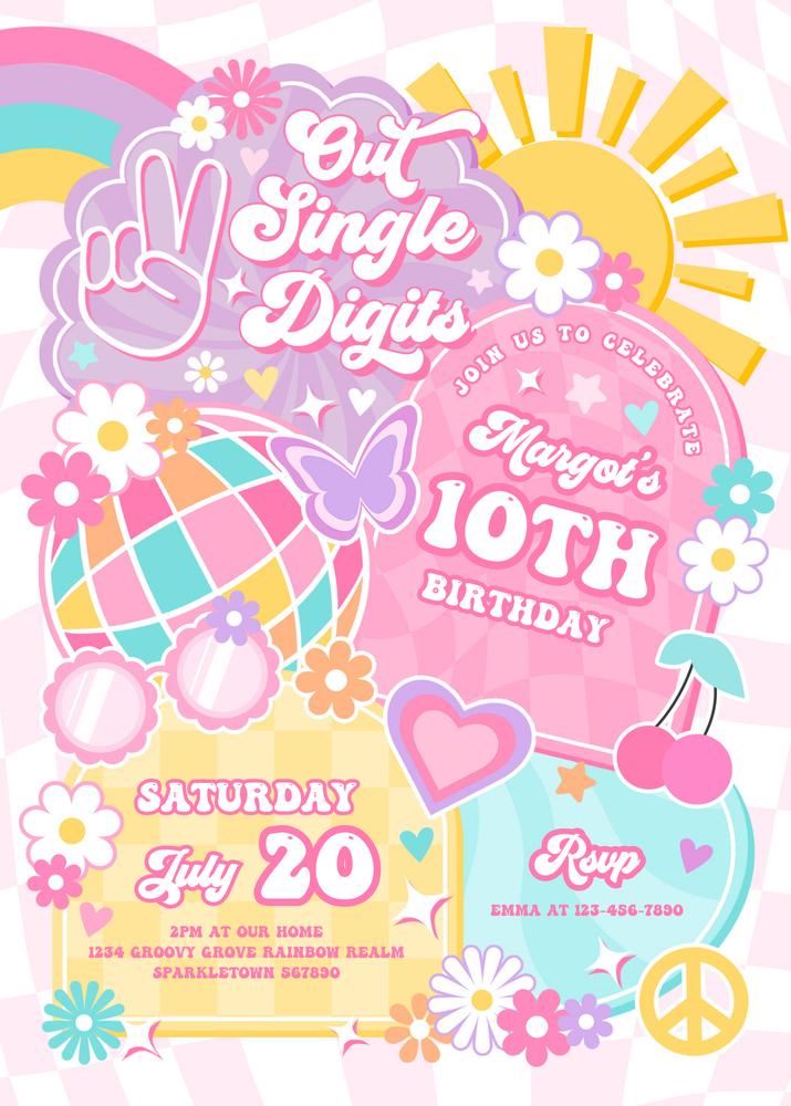 Groovy Peace Out Single Digits 10th Birthday Invitation | Editable Canva Template
