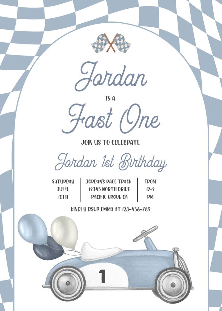 Editable Fast One Vintage Race Car 1st Birthday Invitation Canva Template