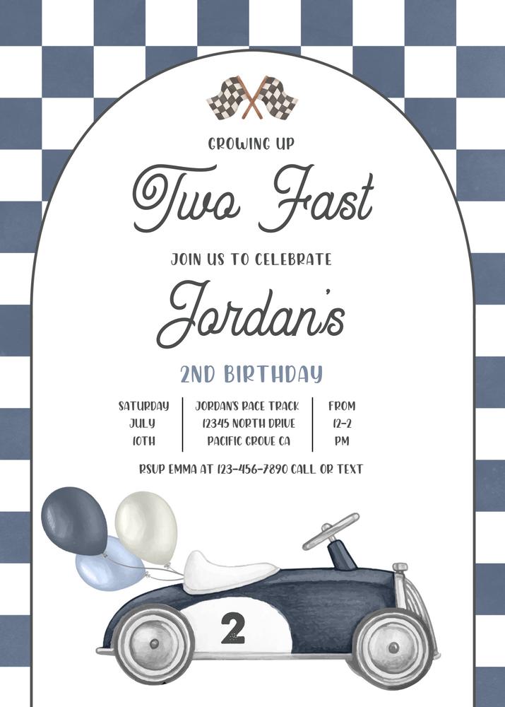 Growing Up Two Fast Birthday Invitation | Vintage Race Car Canva Template