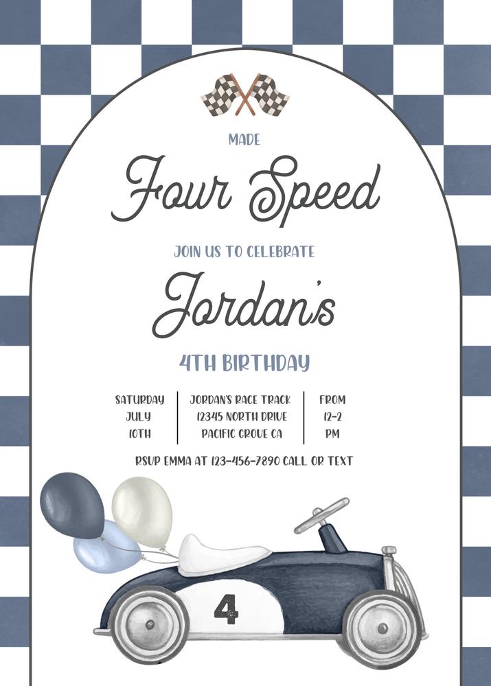 Vintage Race Car 4th Birthday Invitation | Editable Canva Template