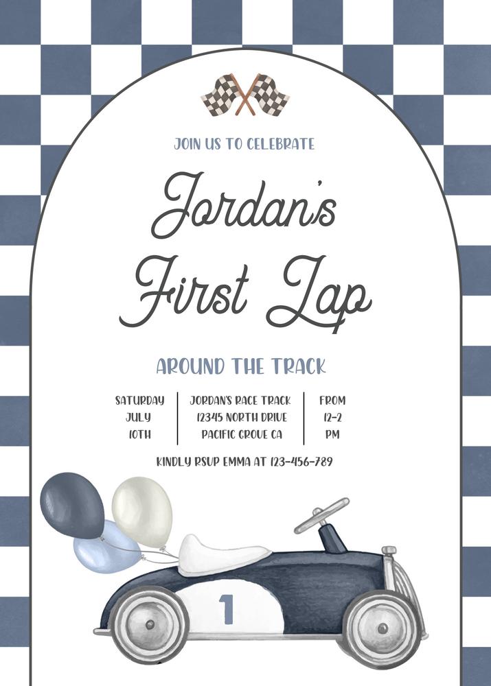 Vintage Race Car 1st Birthday Invitation | First Lap Canva Template