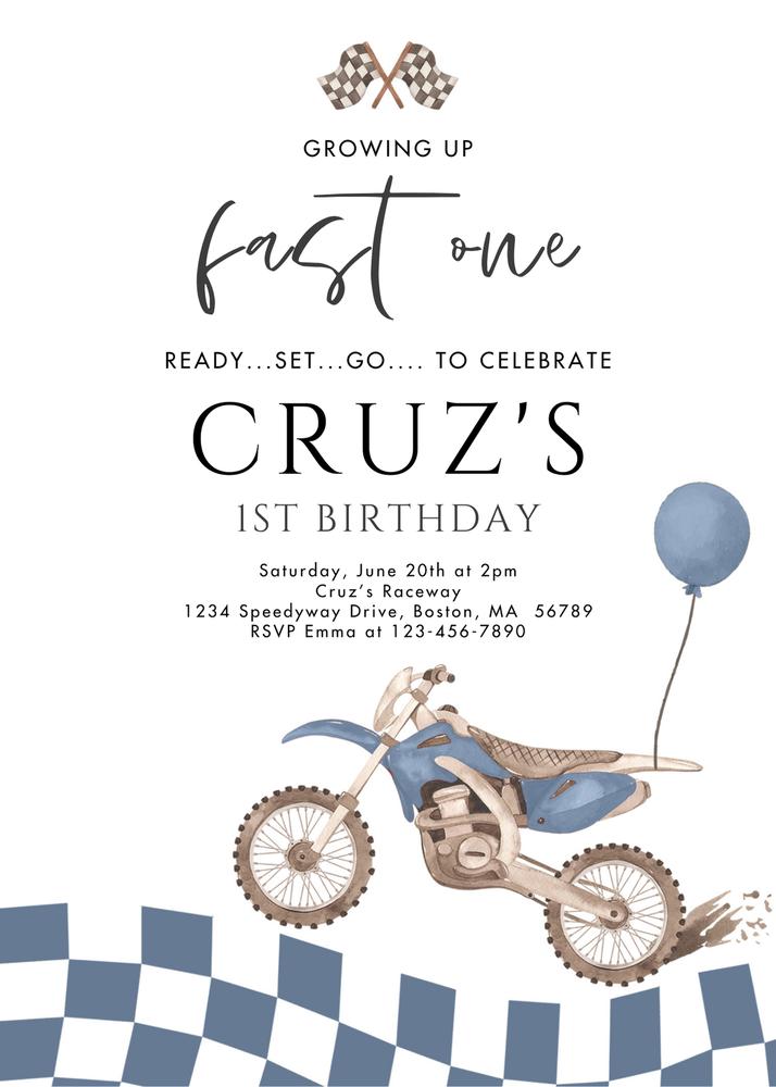 Fast One Dirt Bike 1st Birthday Invitation | Editable Canva Racing Template