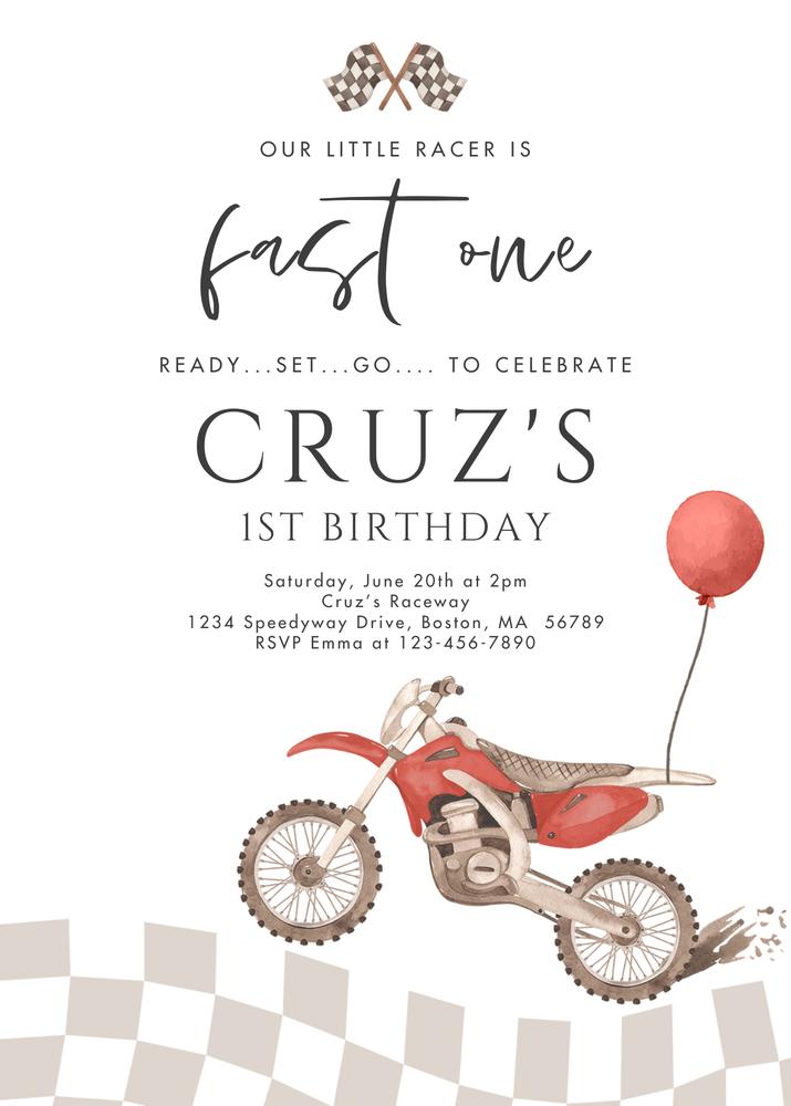 Fast One Dirt Bike 1st Birthday Invitation | Editable Canva Racing Template