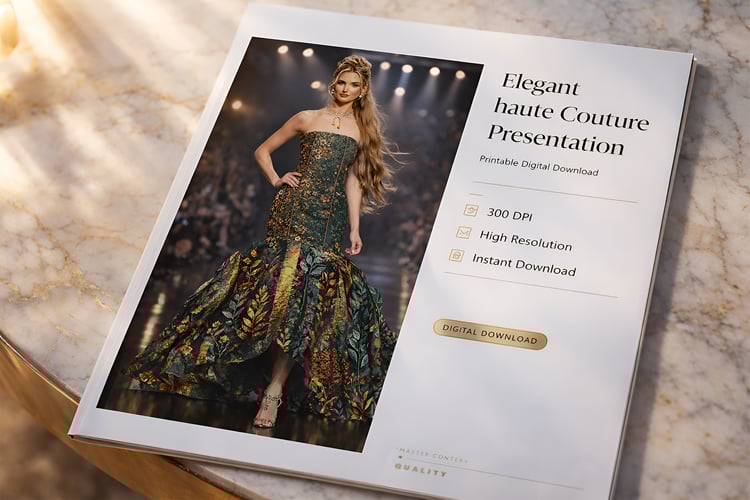 Luxury haute couture runway dress with botanical embroidery in dark green and gold walking on fashion runway, printable fashion wall art poster