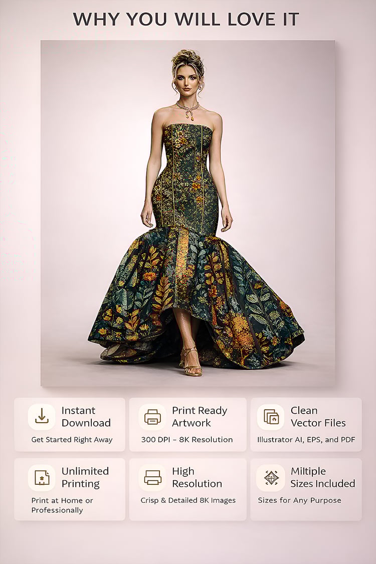 Luxury haute couture runway dress with botanical embroidery in dark green and gold walking on fashion runway, printable fashion wall art poster