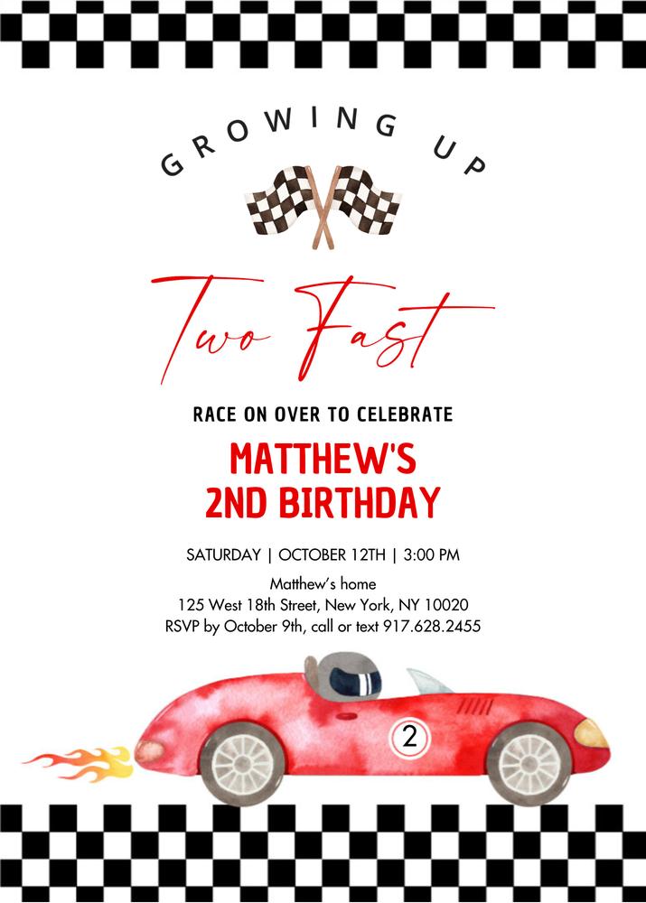 Two Fast Race Car 2nd Birthday Invitation | Editable Canva Template