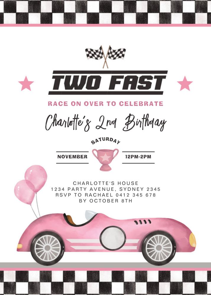 Retro Pink Two Fast Race Car 2nd Birthday Invitation Canva Template