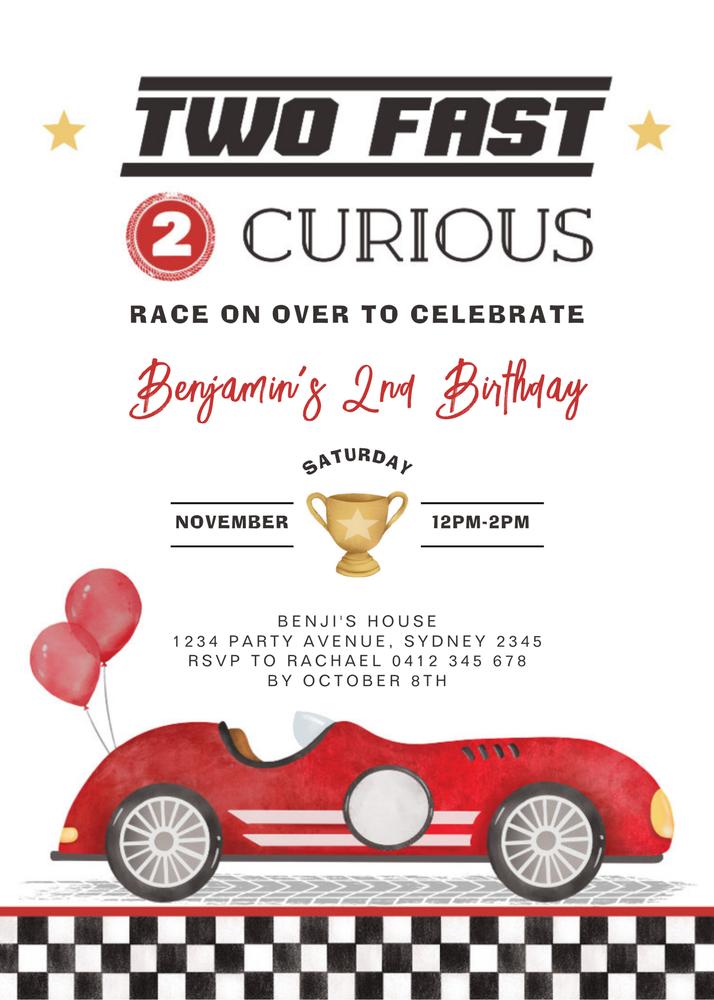 Two Fast 2 Curious Birthday Invitation, Editable Red Vintage Car Canva Template