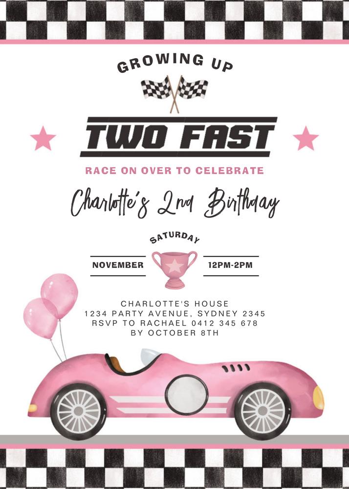 Retro Pink Two Fast 2nd Birthday Invitation | Editable Canva Template