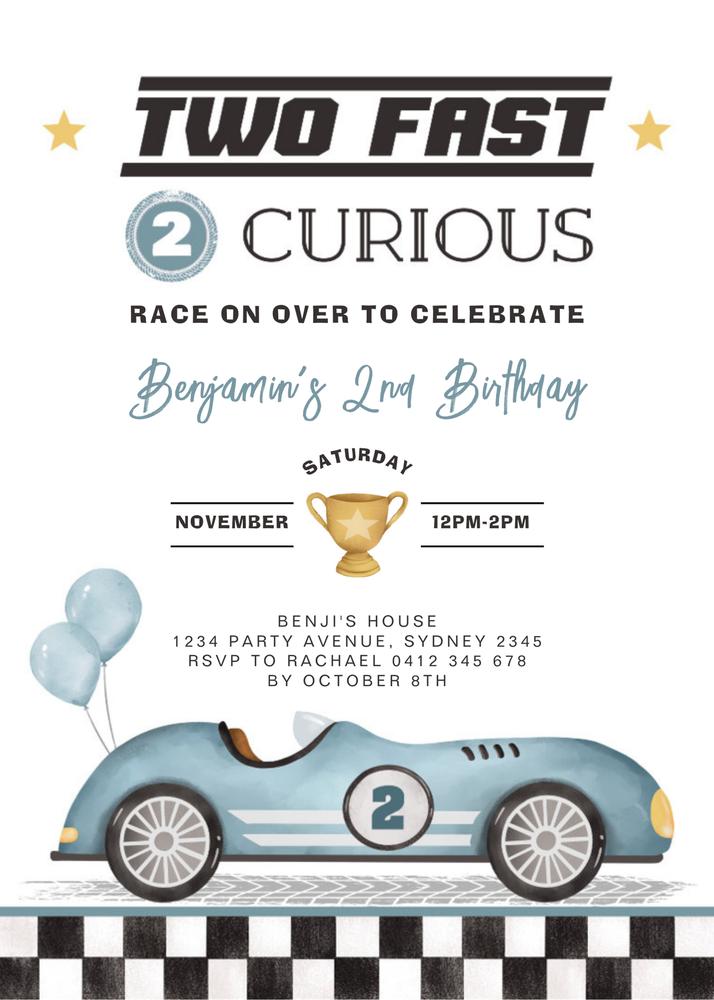 Two Fast 2 Curious Birthday Invitation | Blue Vintage Car Canva Template