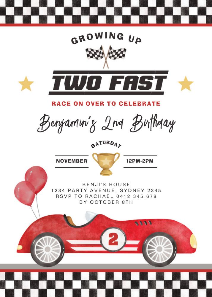 Vintage Red Two Fast Race Car 2nd Birthday Invitation Canva Template