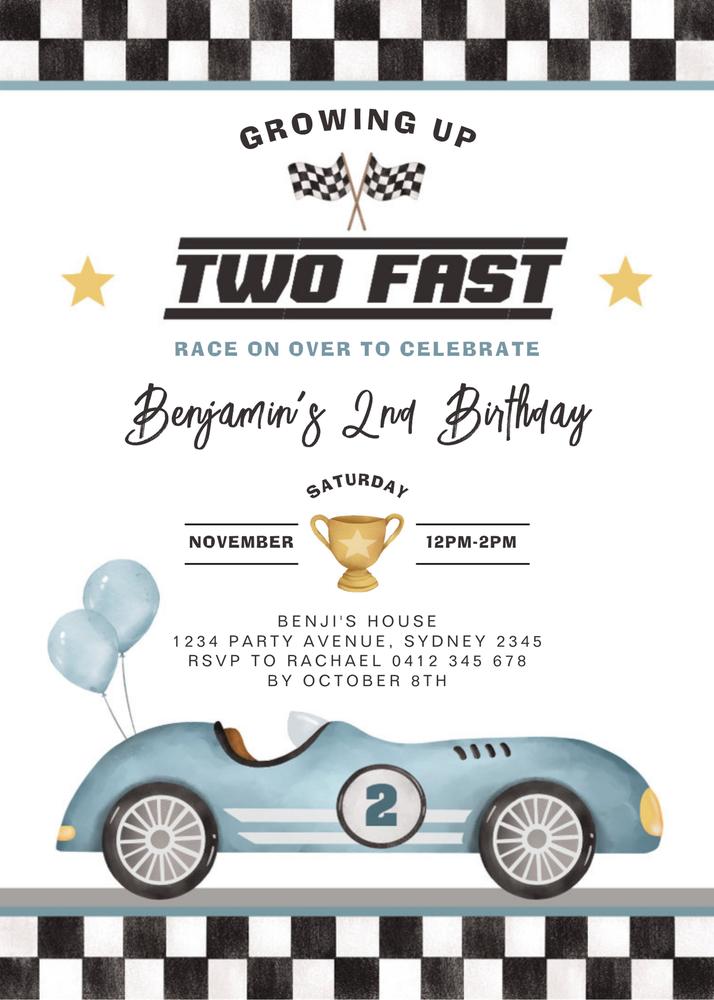 Retro Blue Two Fast 2nd Birthday Invitation | Editable Canva Race Car Template