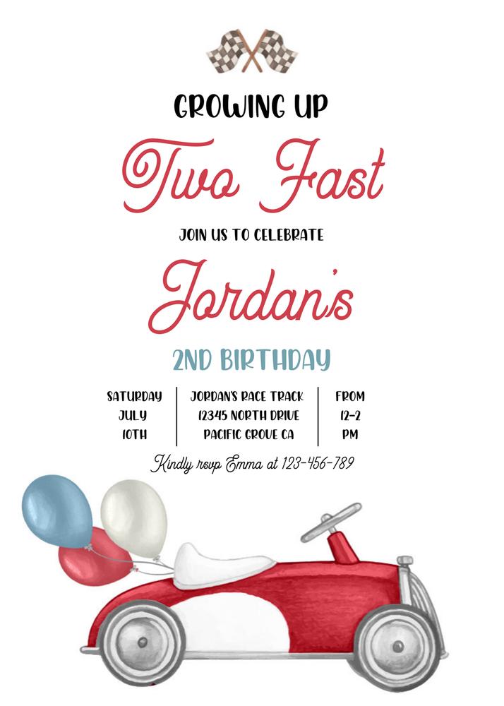 Growing Up Two Fast 2nd Birthday Invitation | Red Race Car Canva Template