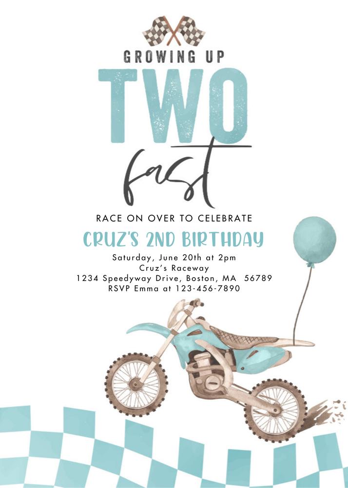 Growing Up Two Fast Birthday Invitation, Blue Dirt Bike 2nd Birthday Canva