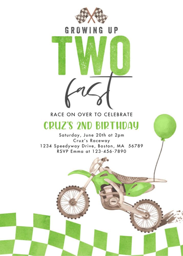 Growing Up Two Fast Green Dirt Bike 2nd Birthday Invitation Canva Template