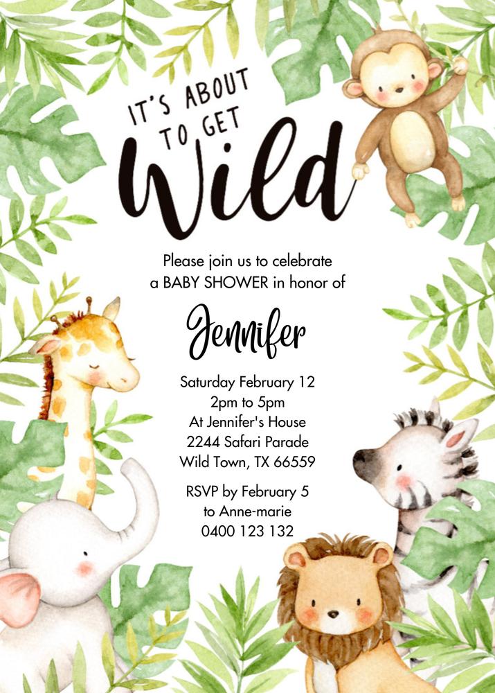 Jungle Safari Baby Shower Invitation - Editable Canva Template Jungle Animals