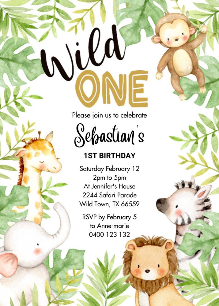 Jungle Safari Wild One 1st Birthday Invitation | Editable Canva Template