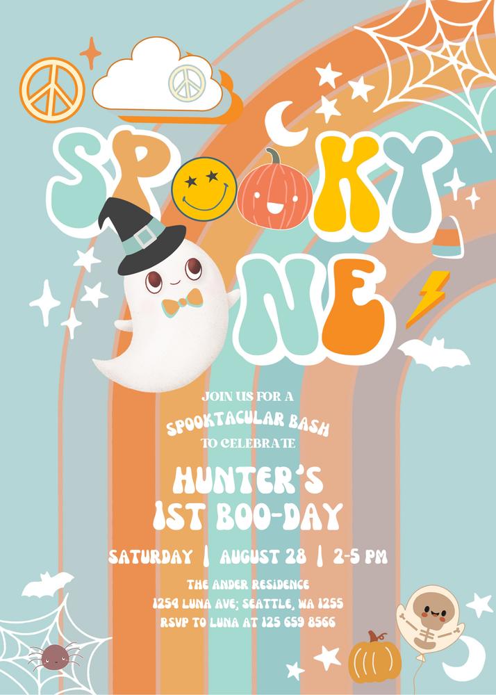 Groovy Spooky One Birthday Invitation | Orange & Blue Retro Halloween Invite